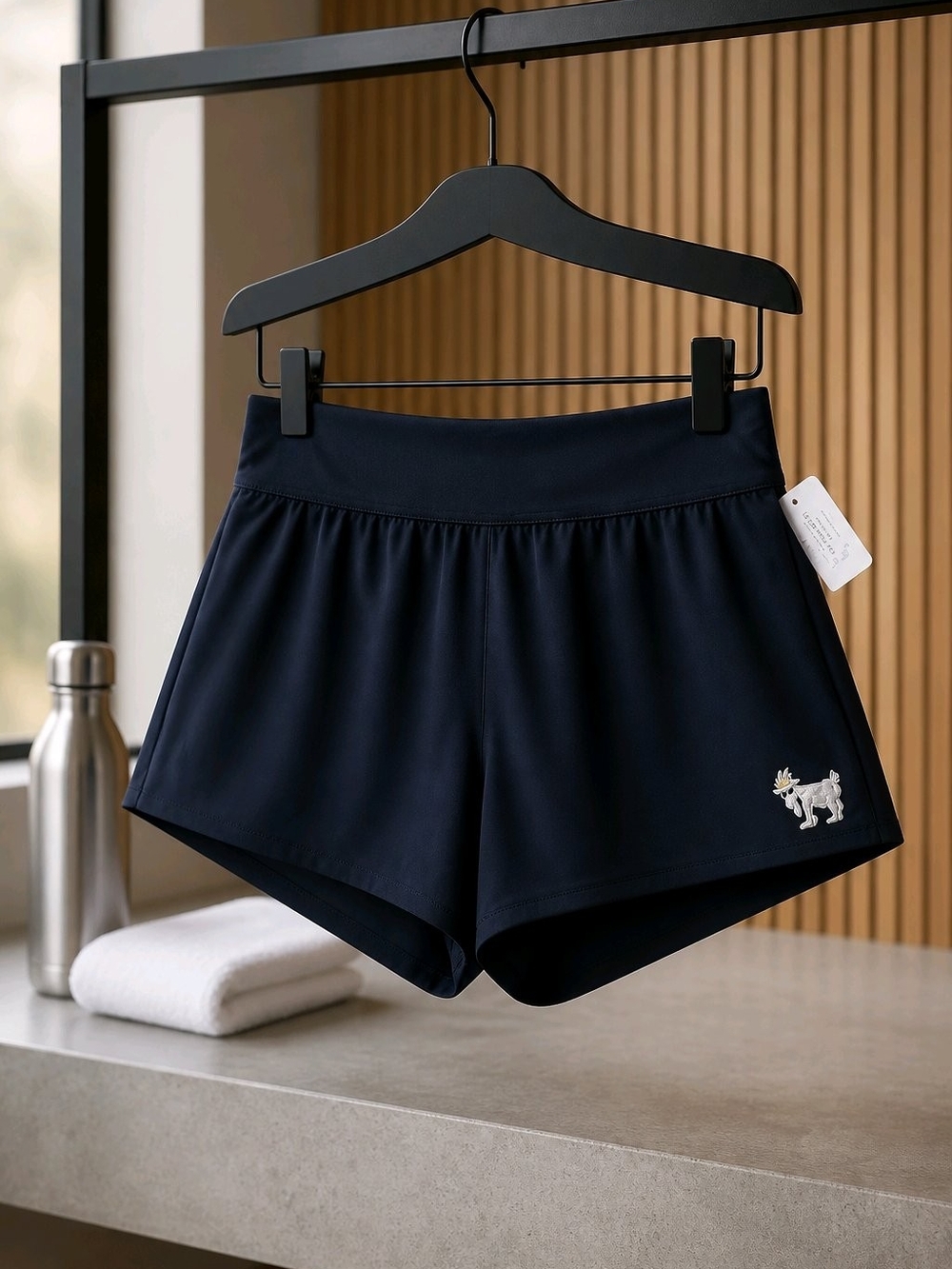 High-Rise Navy Women's Athletic Shorts with Subtle Embroidery